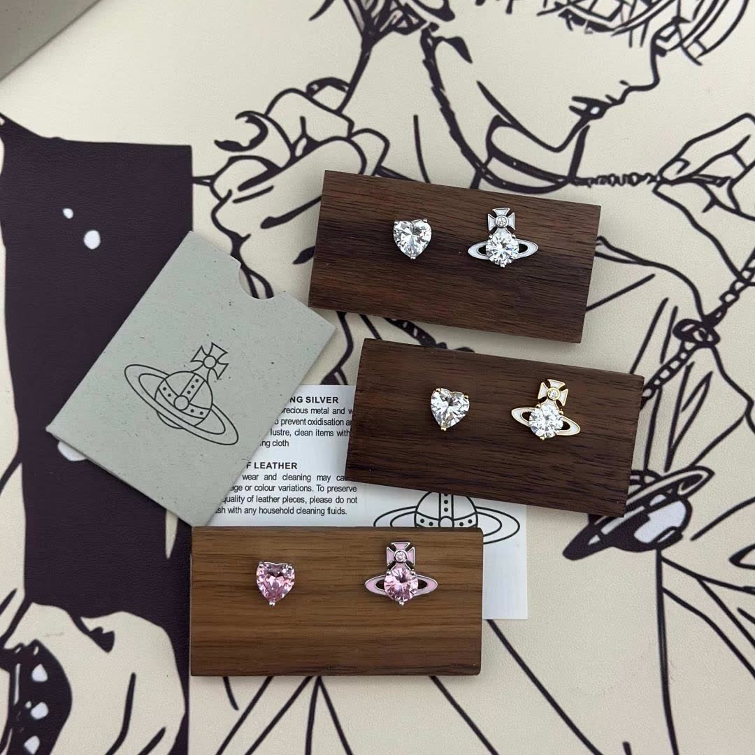 Vivienne Westwood Gold Plated Round and Heart Shaped Stud Earrings with Clear Stones
